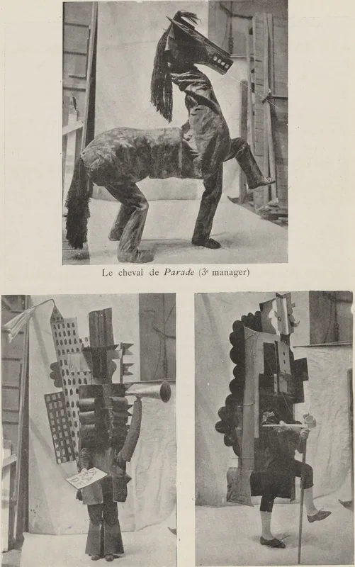 Los tres managers del ballet Parade (1917), bailarines dentro de las construcciones cubistas diseñadas por Picasso: el caballo y los dos managers, en fotografías del programa de los Ballets Rusos